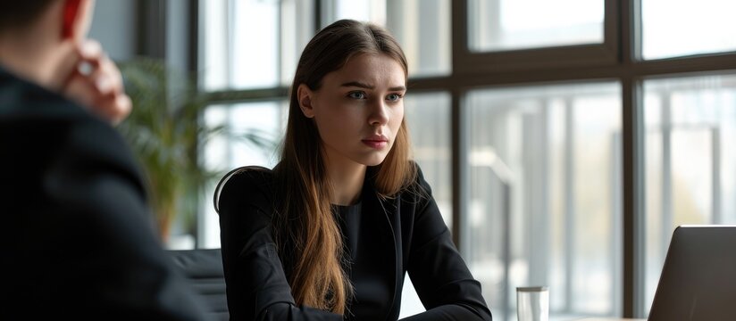 Strict interviewer rejects young inexperienced girl for job in office.