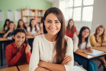 Teacher looking into camera and students in sitting in classroom as background