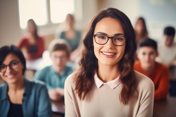 Fototapeta premium Teacher woman, in a class at elementary school looking at camera with gentle smile, learning students on background, photo realism, high key, scandy style