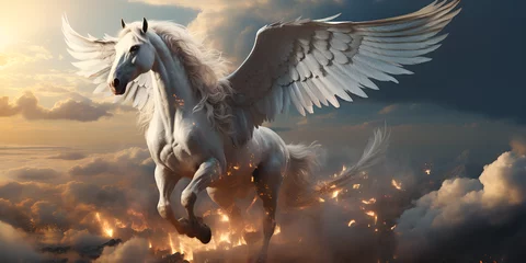 Fotobehang Majestic white horse with wings flying in the sky white horse free had wallpaper image featuring a digitally enhanced life-like avian illustration in the style of dark.AI Generative © zahida