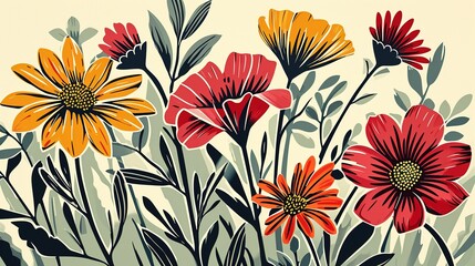 Generative AI, Painted flowers and plants in watercolor and ink linocut style