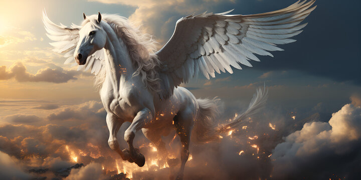Majestic white horse with wings flying in the sky white horse free had wallpaper image featuring a digitally enhanced life-like avian illustration in the style of dark.AI Generative