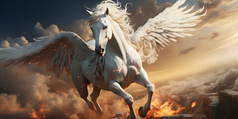 Majestic Pegasus horse flying high above the clouds There is a white horse with wings flying in the sky A unicorn with wings that says wings' on it.AI Generative - obrazy, fototapety, plakaty