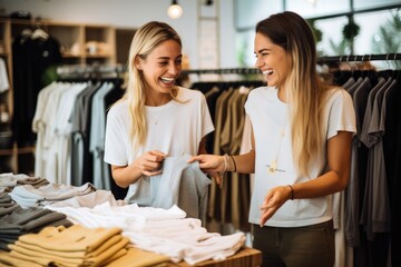 Two Women happily picking up a beautiful t - shirt in a clothes store, armagedom design in the t-shirt, in a clothing store.