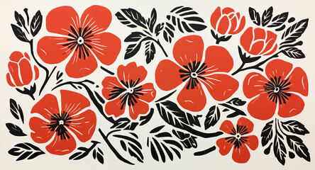 Generative AI, Painted flowers and plants in watercolor and ink linocut style