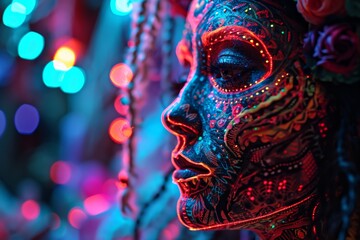 Intricate Neon Tribal Makeup in Blue Light.
Woman with intricate tribal makeup under blue neon light.
