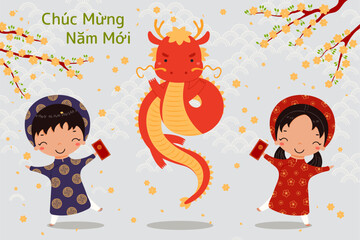 2024 Lunar New Year Tet cute kids in ao dai, dragon, red envelope, apricot blossoms, Vietnamese text Happy New Year. Hand drawn vector illustration. Flat style design. Holiday card, banner concept