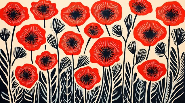 Generative AI, Painted flowers and plants in watercolor and ink linocut style