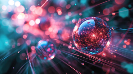 Quantum computing background with illustration of qubit and field force over a sci-fi background. Neural network and machine learning with quantum computer