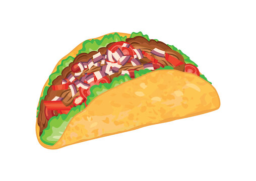 Mexican Taco food with beef and vegetables vector illustration. Taco icon vector isolated on a white background. Traditional mexican fast food drawing. Tortilla filled with meat and vegetables vector