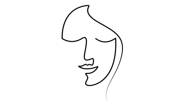 Animated black linear face of a woman is gradually drawn. Head of beautiful girl from ribbon. Single line. Concept of beauty. Looped video. Vector linear illustration isolated on white background.