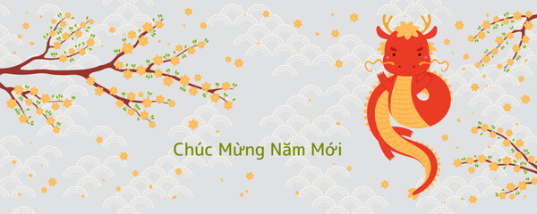 2024 Lunar New Year Tet cute flying dragon, yellow apricot blossoms, Vietnamese text Happy New Year. Hand drawn vector illustration. Flat style design. Holiday card, poster, banner concept