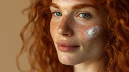 Close-up beauty shot featuring the face of a young redhead woman with a small drop of cream on her skin. Promotional image for a cream emphasizing good skin health. Beige background.