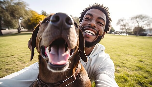 Young happy man taking selfie with his dog in a park , Smiling guy and puppy having fun together outdoor , Friendship and love between humans and animals