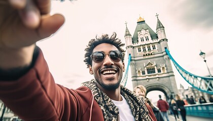 Smiling man taking selfie portrait during travel in London, England , Young tourist male taking memory pic with iconic england landmark , Happy people wandering around Europe - obrazy, fototapety, plakaty