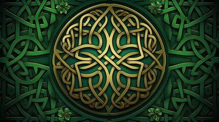 Detailed Vector Illustration of Interlocking Celtic Knots and Shamrocks, Celebrating the Rich Symbolism of Irish Heritage, St. Patrick's Day, on green background