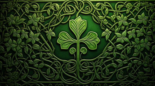 Intricate Celtic Knotwork Design with Shamrocks Creating a Harmonious Pattern on a Rich Hunter Green Background, St. Patrick's Day, on green background