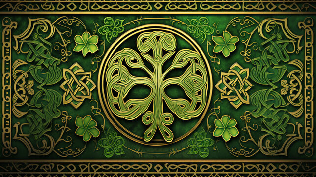 Intricate Celtic Design with Shamrock Motifs in Each Section, Forming a Captivating and Symbolic Composition, St. Patrick's Day, on green background