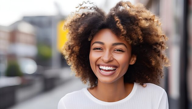 Happy afro american young woman smiling at camera outside , Close up portrait of brazilian female laughing on city street , Life style and positive vibes people