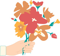 Hand holding bouquet of wildflowers. Stylish decorative design. Blooming flowers. Romantic present for a loved one.