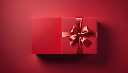  Red gift box with ribbon top view and red background. Ai Generative
