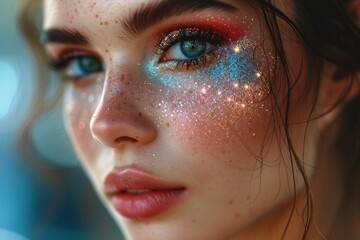 Vibrant Glitter Eye Makeup on Woman.
A woman's face captured with colourful glitter makeup, showcasing a blend of art and fashion.