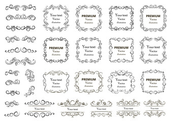 Set of vector graphic elements for design. Decorative swirls or scrolls, vintage frames , flourishes, labels and dividers. Retro vector illustration