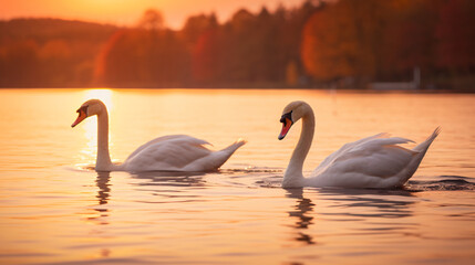 A pair of graceful swans gliding on a peaceful lake at sunset with the warm colors of the evening sky reflecting in the water.