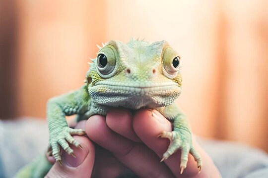 A green iguana held in a person's hand, looking at the camera with a peach-colored backdrop.