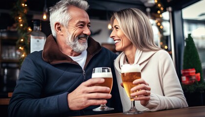 Mature couple having fun drinking beer at cafe bar restaurant , Husband and wife hanging out enjoying happy hour at brewery pub