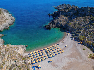 Aerial panoramic view of the famous rocky beach Melidoni in Kythira island at sunset. Amazing...