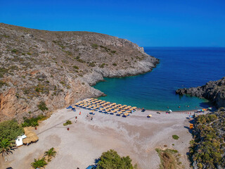 Aerial panoramic view of the famous rocky beach Melidoni in Kythira island at sunset. Amazing...