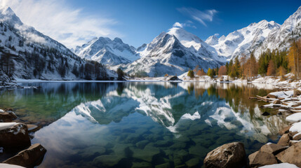 A pristine mountain lake nestled among snow-capped peaks with crystal-clear waters reflecting the majestic scenery.