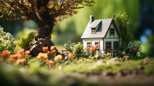 A quaint countryside cottage surrounded by spring flowers and greenery.