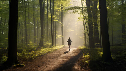 A morning jogger running through a misty spring forest trail.