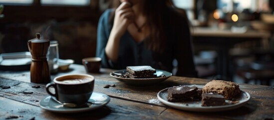 Fototapeta na wymiar Girl enjoying coffee and chocolate alfajores on a table.