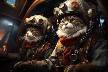 Naklejka premium Cats dressed in a pilot costume flying in an aircraft.