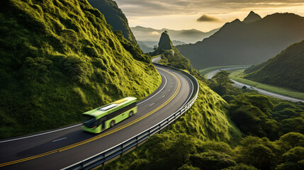 A scenic bus journey through winding mountain roads with the bus hugging the curves and offering passengers spectacular vistas. - obrazy, fototapety, plakaty