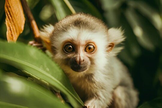 A young monkey with wide eyes peeks through lush green leaves.