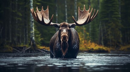 a moose is wading through a river in the woods - obrazy, fototapety, plakaty