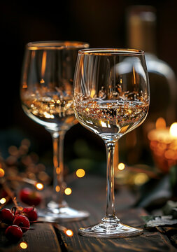 Crystal glasses of champagne on table ,red fruit ,candle light  background