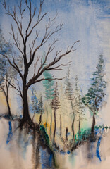 Man silhouette walking in forest. Abstract hand painted watercolor landscape