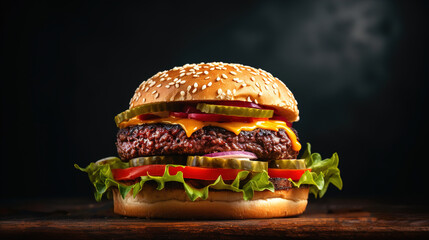 Close up view of Fresh tasty beef burger and french fries on wooden tray with seasoning on rustic table
