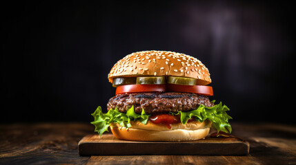 Close up view of Fresh tasty beef burger and french fries on wooden tray with seasoning on rustic table