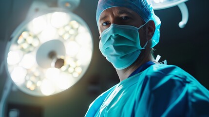 a surgeon in scrubs and a surgical mask in a operating room - obrazy, fototapety, plakaty