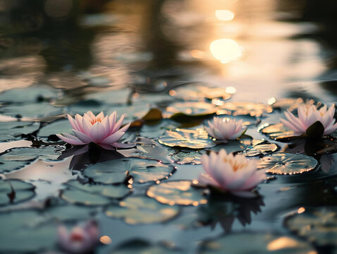 floating lotus flowers in a tranquil pond, soft, diffused light from a setting sun
