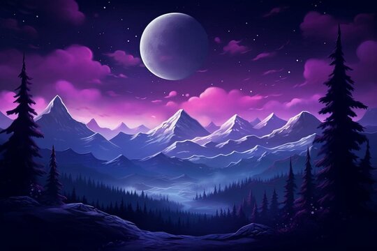 Nighttime purple wallpaper featuring mountain, forest, and moon landscape. Generative AI