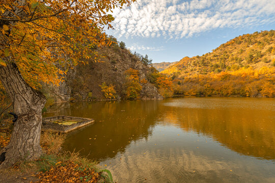 Autumn at the lake in the mountains. Travel in Armenia