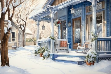Snowy Porch Scenes - Generative AI - obrazy, fototapety, plakaty