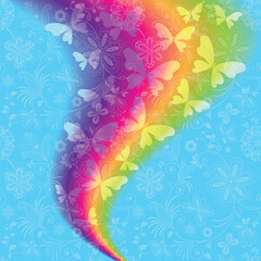 Vector spring frame with flying butterfliies on a gentle blue floral background
